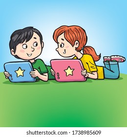 niño y niña aprenden y se divierten con tablets digitales