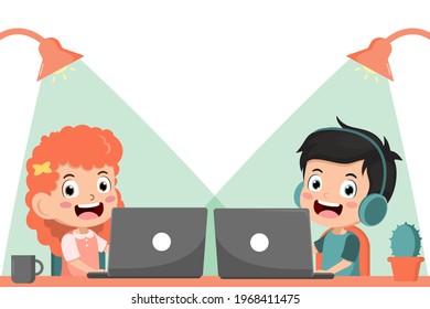 Boy and Girl learning with computer laptop for Online education of school. Kids happy smile using internet technology for e-learning. vector illustration