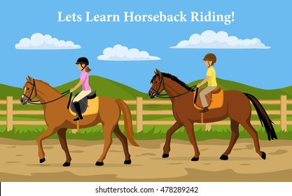 Boy and Girl Learning Horseback Riding. Countryside background 