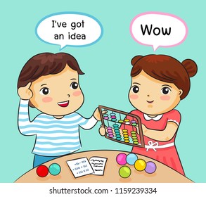boy and girl learning math with abacus vector illustration