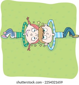 boy and a girl lie down and come up with ideas by touching their heads