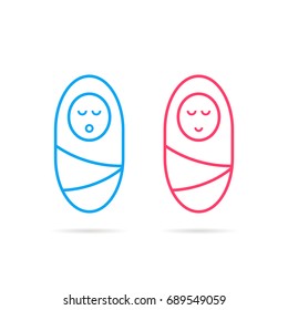 boy and girl like thin line swaddled newborn baby. simple flat style minimal logotype graphic lineart design isolated on white. concept of linear pink and blue children badge in maternity hospital
