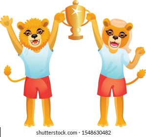 Boy and girl lions in sport uniform are holding on both sides the gold goblet