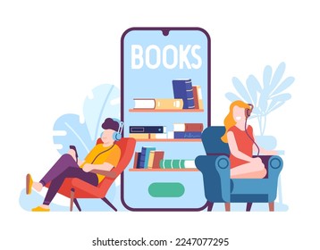 Boy and girl listening to audiobooks through headset. Book reading smartphone application. Digital bookcase. People enjoying of literature. Mobile screen. Network library