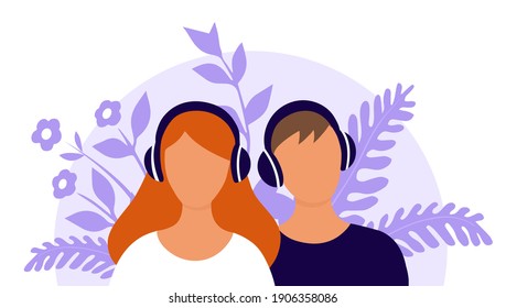 El chico y la chica escuchan música con auriculares. Silhouette de cabeza. Fondo de la planta. Ilustración plana vectorial.