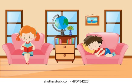 Boy and girl in living room illustration