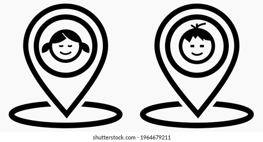 Boy or Girl location icon. Geotag the child. Tracking children. Vector graphics.