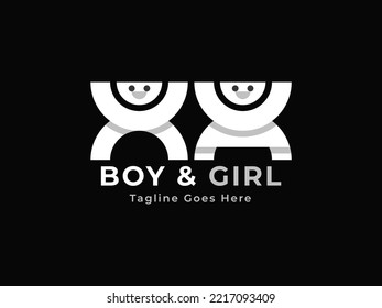 Boy and Girl logo vector icon illustration. Creative children's logo template, modern children's education logo, happy boy and girl raising their hands and laughing
