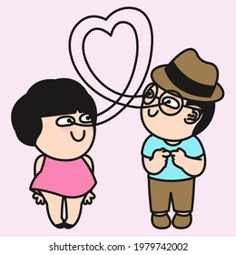 Boy And Girl Look Each Other Eyes With Heart Sign Cocnept Card Character illustration