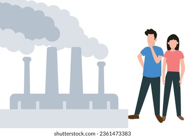 Boy and girl looking at factory smoke pollution.
