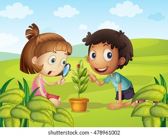 Niño y niña mirando a ladybug en la ilustración de la hoja