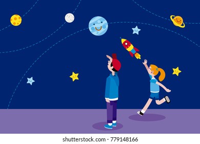 Boy and Girl looking at the night sky full of planets and stars. The girl is throwing a rocket. Vector illustration in a flat, minimal style.