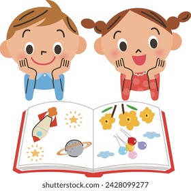 A boy and a girl are looking at a picture book together