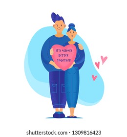 Boy and girl in love hold the heart with love quote.Vector flat illustration with texture. Stylized cartoon characters for the feast of Saint Valentine
