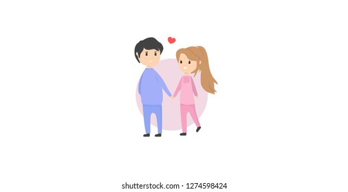 A boy and girl in love hold their hand. A heart appears above them.
