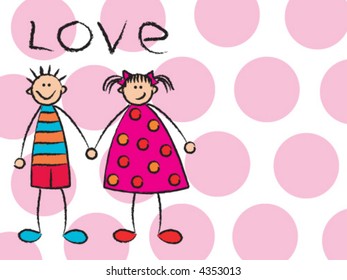 boy + girl = love on pink (vector) - cartoon illustration