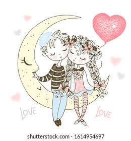 A boy and a girl in love are sitting on the moon with a balloon in the form of a heart. Valentine. Vector.