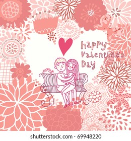 Boy and girl in love. Valentine's day card with floral heart shape.