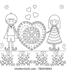 Boy and girl with love in valentine's day coloring  book for adult and kids. Vector illustration. Hand drawn. doodle style.