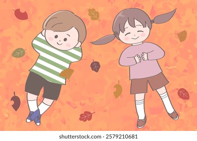 Boy and girl lying on a carpet of autumn leaves - Children's illustration