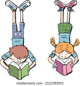 boy and a girl are lying on their stomachs reading books