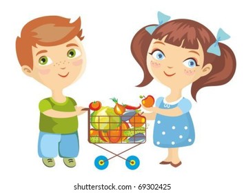 The boy and the girl make purchasing of vegetables.