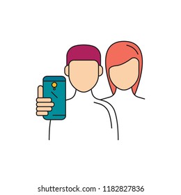 Boy and girl make selfie. Cartoon Boy and girl make selfie vector illustration for web design isolated on white background