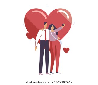 Boy and girl make selfie on St. Valentine's Day, 14th of February. Man and woman take photo on dating. Couple of people hug together. Married people love. Vector illustration EPS 10 isolated on white