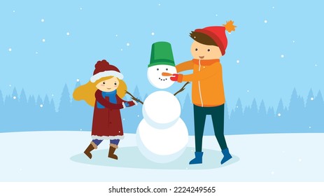 Boy and girl making a snowman