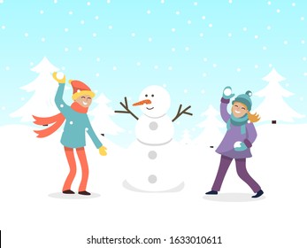 Boy and girl making snowman vector illustration. Children building christmas snow man. Happy boys and girls on winter holidays makes snowballs.