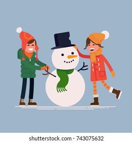 Boy and girl making snowman. Vector quality character design on winter holidays season break outdoors recreation and activities for kids