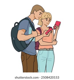 Boy and Girl, Man and Woman. Couple, People or Friends hold and scrolling on smart phone, correspond in messengers, view or publish news in social networks.
Vector flat cartoon graphic illustration.