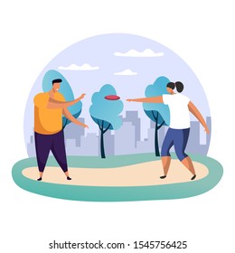 Boy and girl, man and woman playing frisbee at park. Male and female at flying disc game in front of cityscape. Simple and flat, cartoon people exercising at wood or forest. Amateur sport and leisure