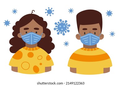 Boy and girl with mask.  African american Children in medical masks for protect disease, flu, smog and covid-19. Cute hand drawn trendy illustration. Flat cartoon vector style.