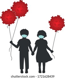 A Boy And A Girl In Masks, Holding Red Balloons Like A Coronavirus. Silhouette. Symbol Of The Prohibition Of A Holiday, Parade Or Party.