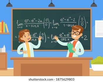 Boy and Girl Mathematicians Characters Writing Formulas On Blackboard, Children Education Concept Cartoon Vector Illustration