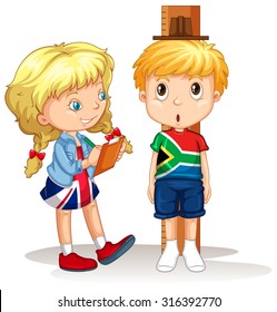 Boy and girl measure the height illustration