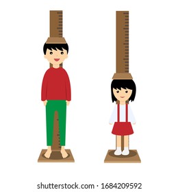 boy and girl measuring their height cartoon vector