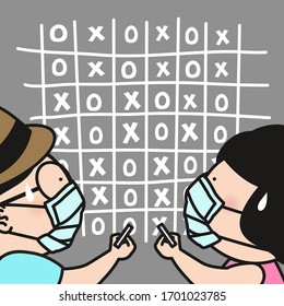 Boy And Girl In Medical Face Mask Play Tic Tac Toe Game During Quarantine Period To Stop Spreading Virus Concept Card Character illustration