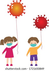 A boy and a girl in medical mask hold balloons-coronavirus. Symbol of prohibition of celebration of a holiday, party, birthday. 