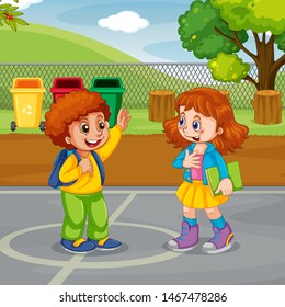 Boy and girl meeting in park illustration