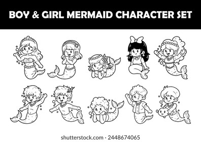 Boy and girl mermaid character outline sketch vector illustration set