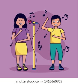 boy and girl with microphone dancing and listening music vector illustration