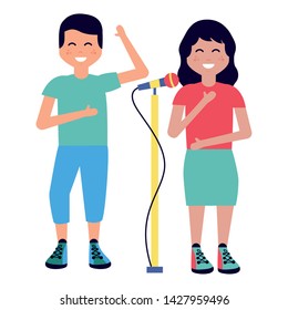 boy and girl with microphone dancing and listening music vector illustration