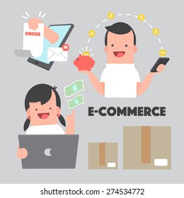 Boy and Girl with mini e- commerce - vector