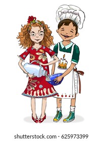 Boy and girl mixing ingredients during the cooking class session. Educational concept  