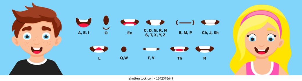 Boy and girl mouth animation with different expressions in flat style vector illustration set. Lip sync sound pronunciation and phoneme mouth talk expression character chart.