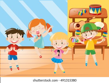 Boy and girl in music class illustration