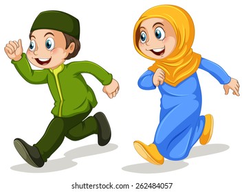 Boy and girl muslim running