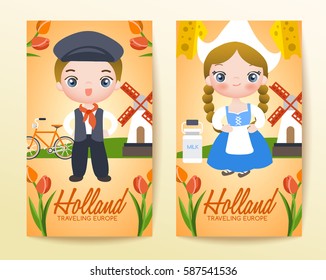 Boy and girl in national costume : Holland : Vector Illustration